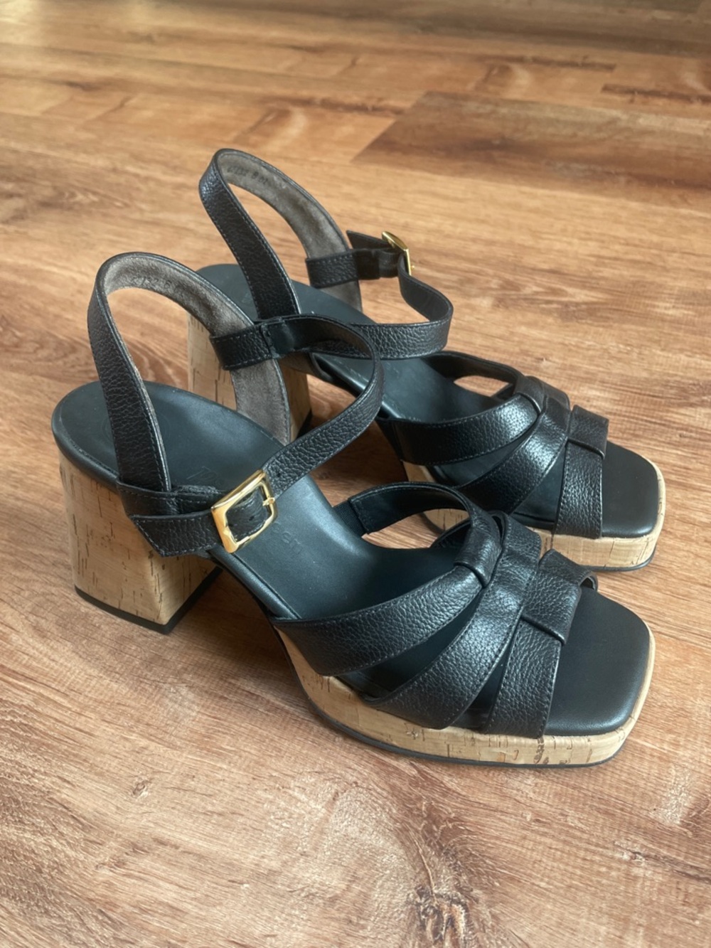 Paul Green Womens Tina Fisherman Heeled Sandals Sz 8 Cork Black Leather Austria
